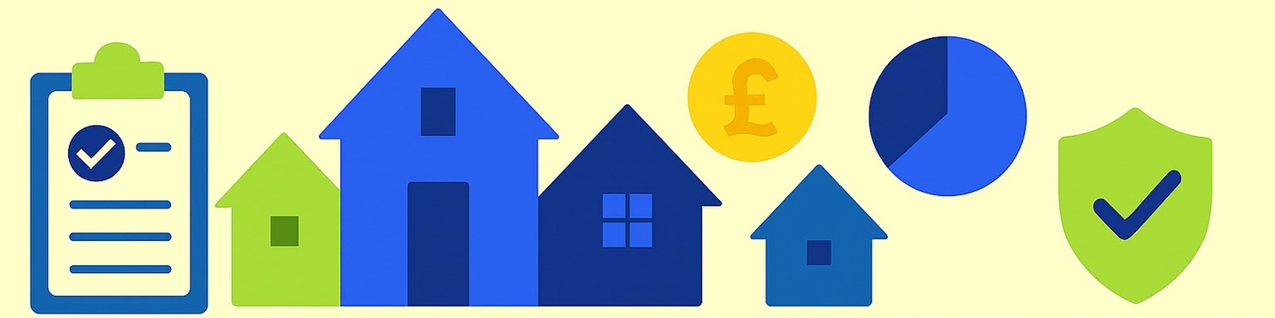 From left to right: a clipboard, three houses, a pound sign, another house, a pie chart, a shield with a tick on it