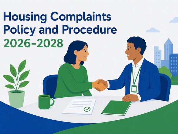 A resident and a representative of the Council shaking hands as a complaint is resolved amicably. The text reads "Housing Complaints Policy and Procedure 2026-2028".